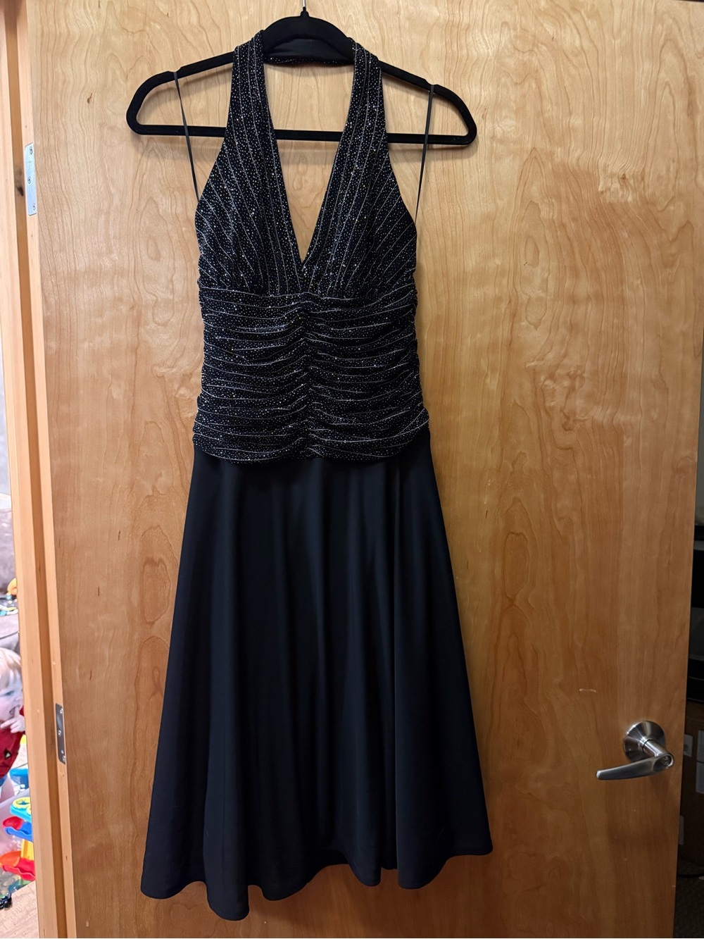 JS Boutique Black V-Neck Halter Prom Dress with Sparkle Bodice